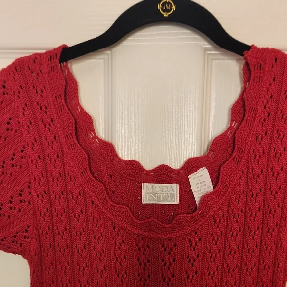 VTG MODA INT'L Red Knit Short Sleeve Scalloped Neckline Midi Dress Size S - Picture 4 of 15